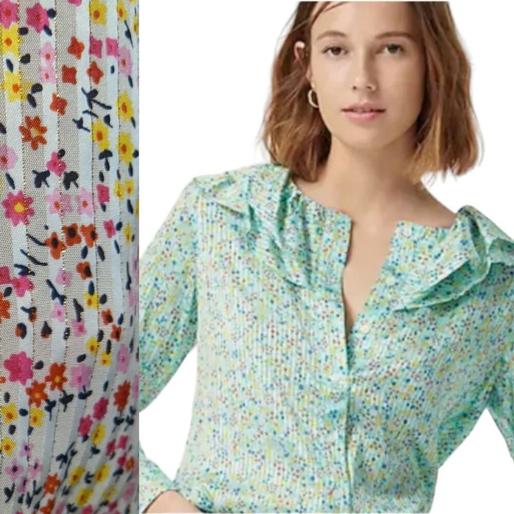 NWT J Crew Ruffle Top Pink Red Shimmer Floral Spring Easter Blouse Small